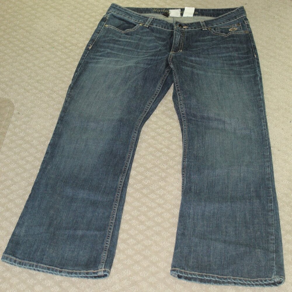 Harley Davidson Women's Petite 12 Mid Rise Wide Leg Blue Jeans
